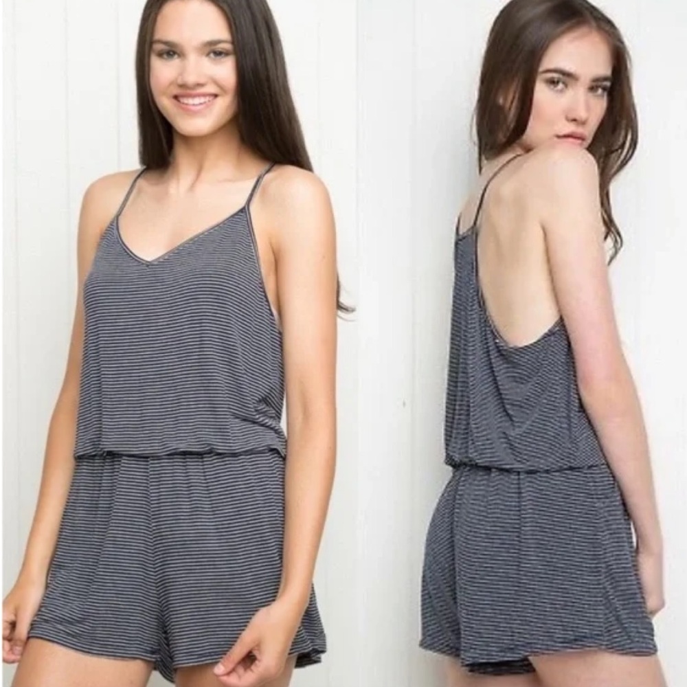 Brandy Melville Navy and White Striped Stretchy Romper, One Size